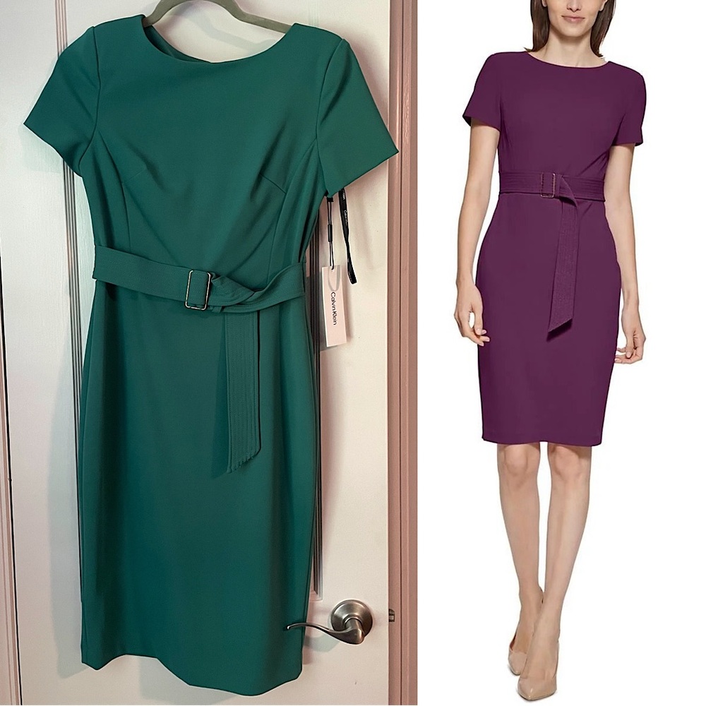 Calvin Klein NWT size 4 turquoise sheath belted dress